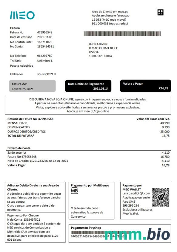 Portugalia MEO rachunek za media szablon w formacie Word i PDF, w pełni edytowalne